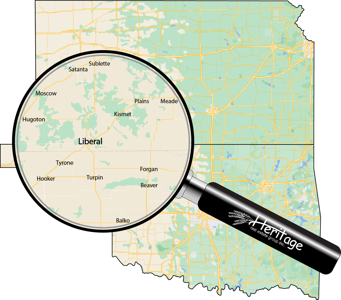 Picture of Kansas and Oklahoma with a magnifying glass showing a zoom-in of the western side of the states